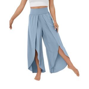 High Waisted Back Waistband Pocket Palazzo Flowy Split Wide Leg Casual Pants Ice